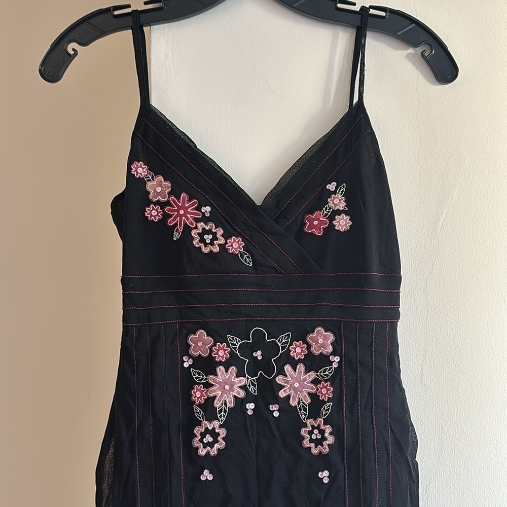 Oasis Anthropologie Slip Dress Black pink Floral Embroidery 8 EUC